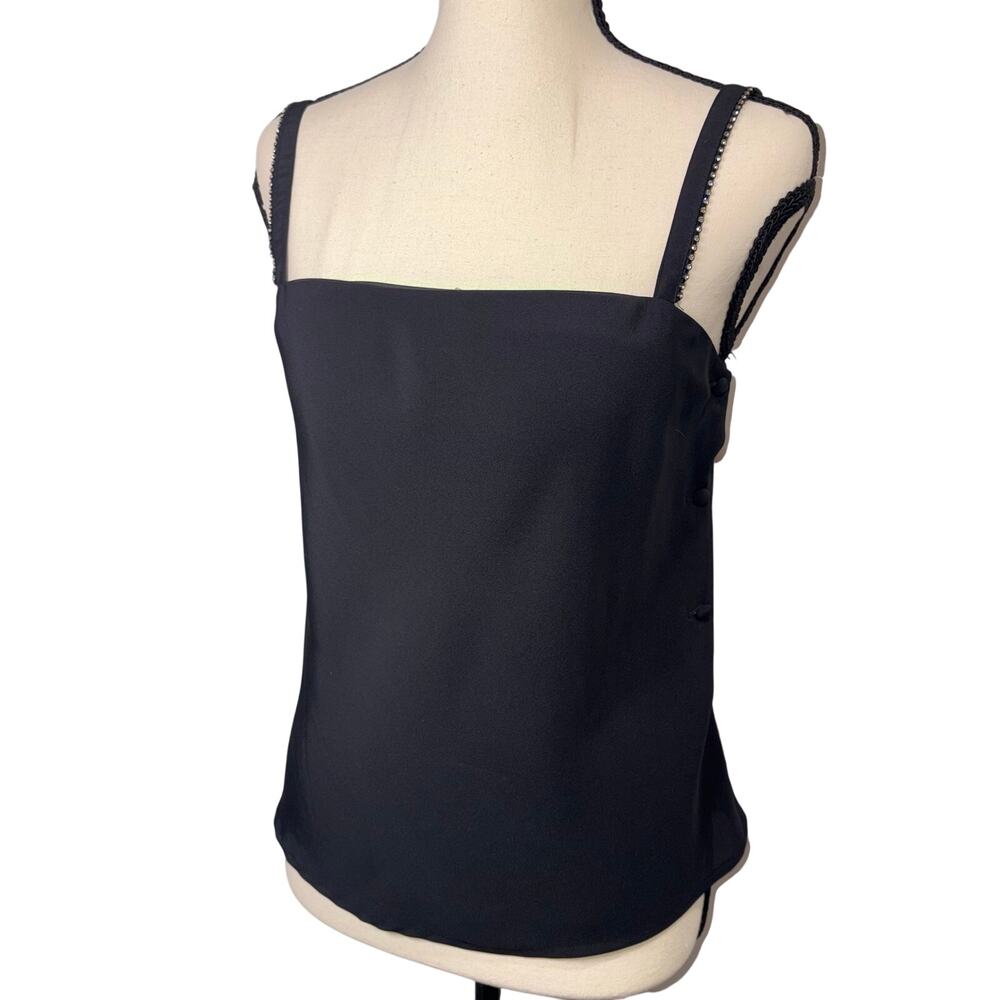 Vintage Chaus Black Evening Top Rhinestone Straps Square Neck Button Side 8